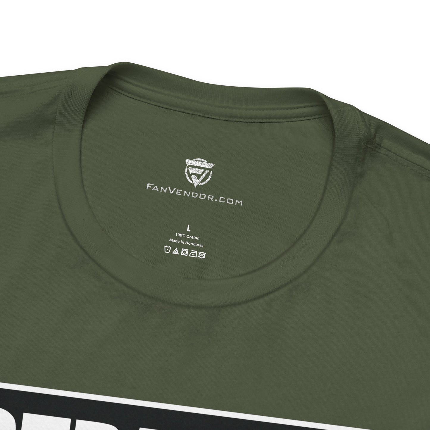 Green t-shirt with 'FanVendor.com' logo and text on a white background