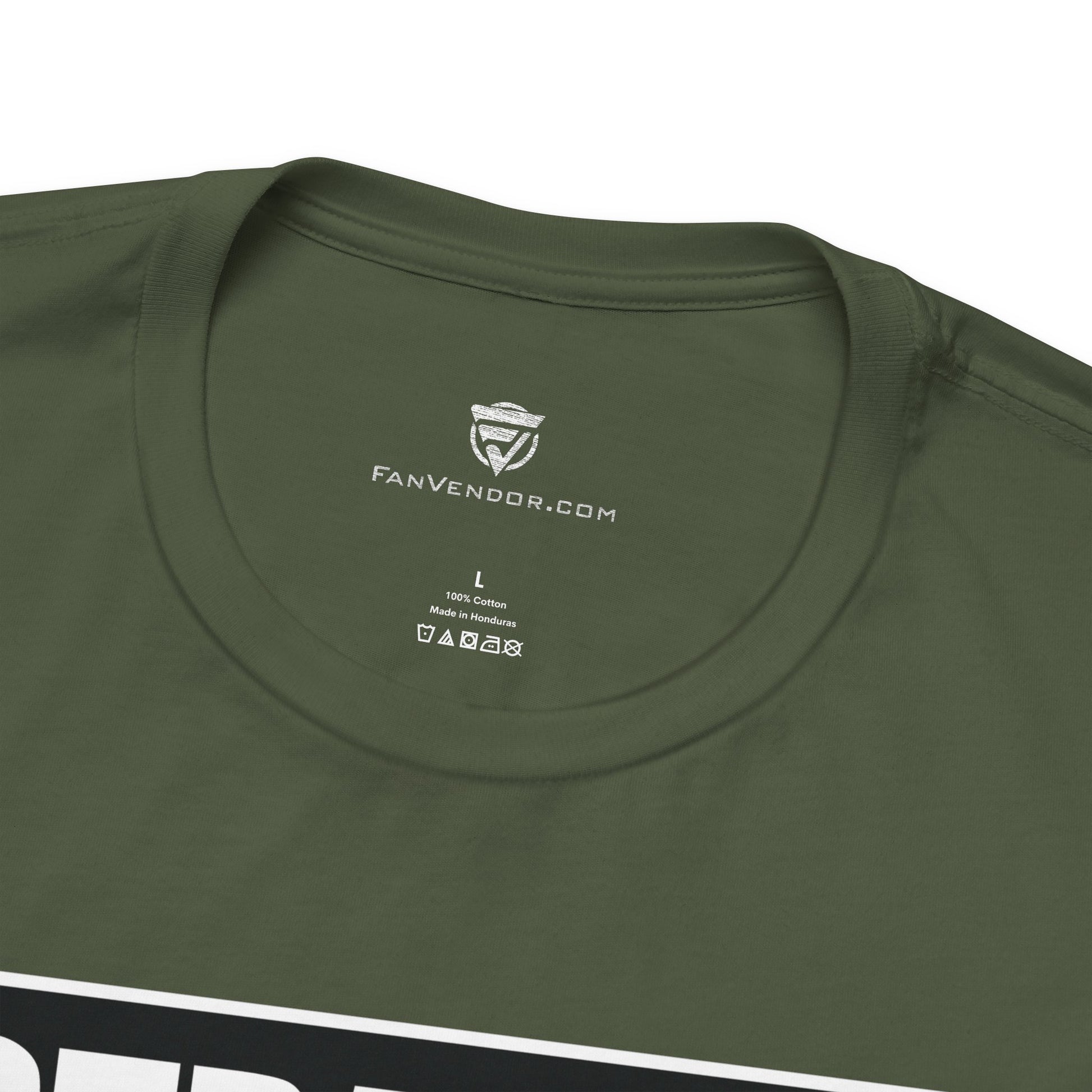 Green t-shirt with 'FanVendor.com' logo and text on a white background