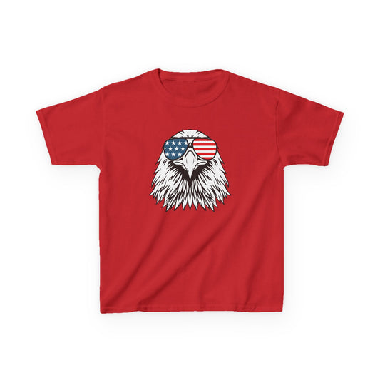 Red t-shirt with an eagle design wearing sunglasses featuring the American flag on a white background