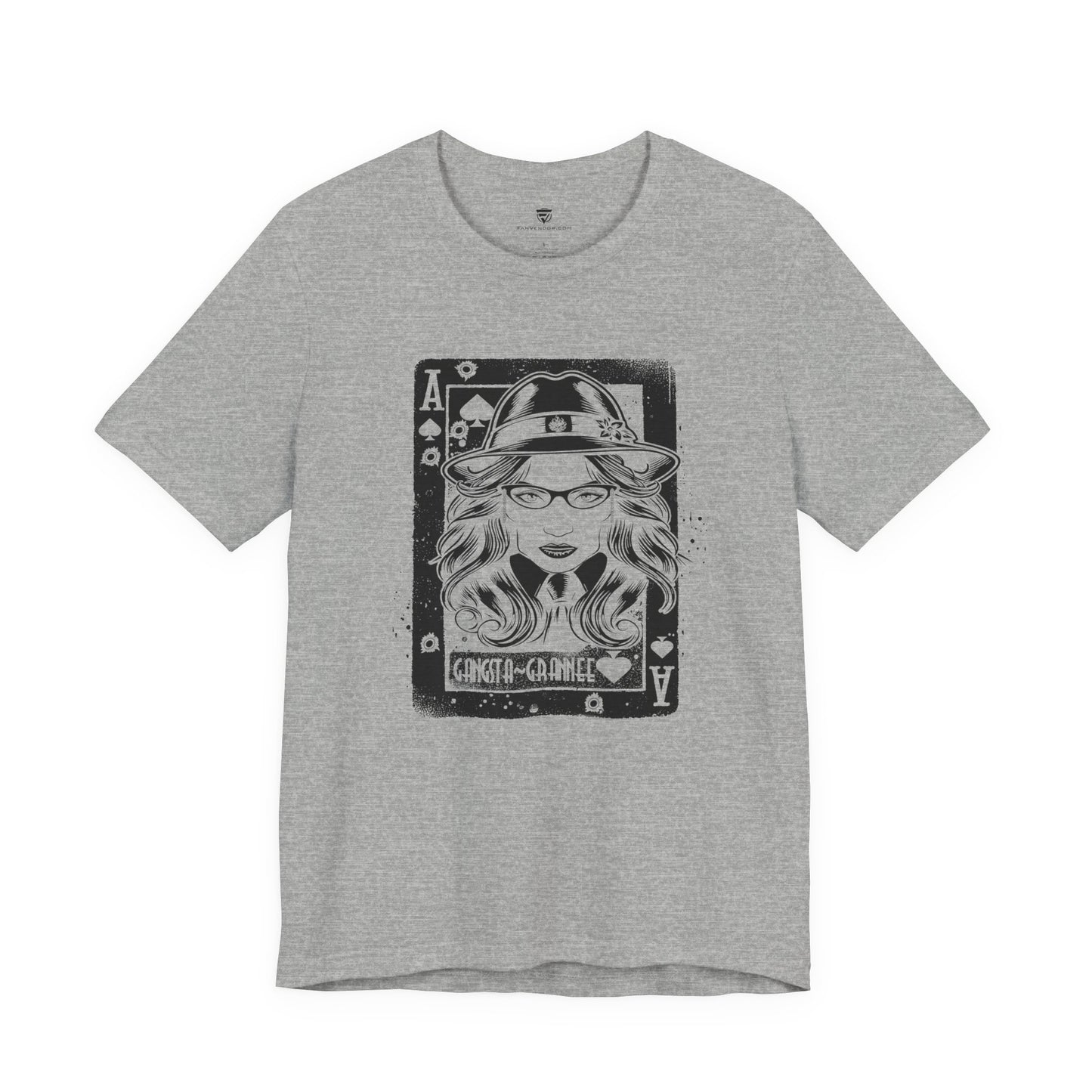 Gray t-shirt with a graphic design of a woman wearing a hat and glasses on a white background