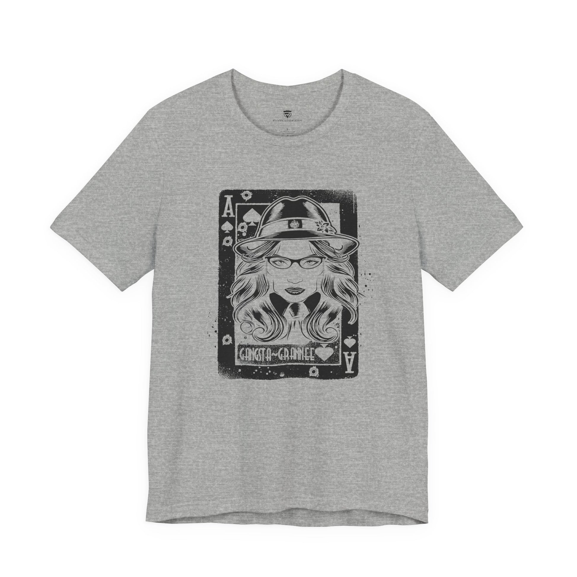 Gray t-shirt with a graphic design of a woman wearing a hat and glasses on a white background