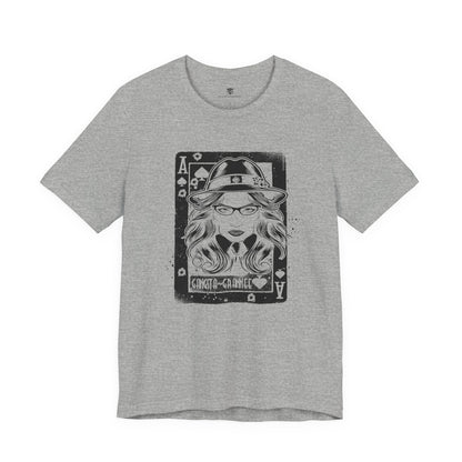 Gray t-shirt with a graphic design of a woman wearing a hat and glasses on a white background