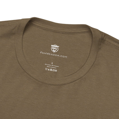Brown t-shirt with 'Fanvendor.com' logo and text on the collar against a white background