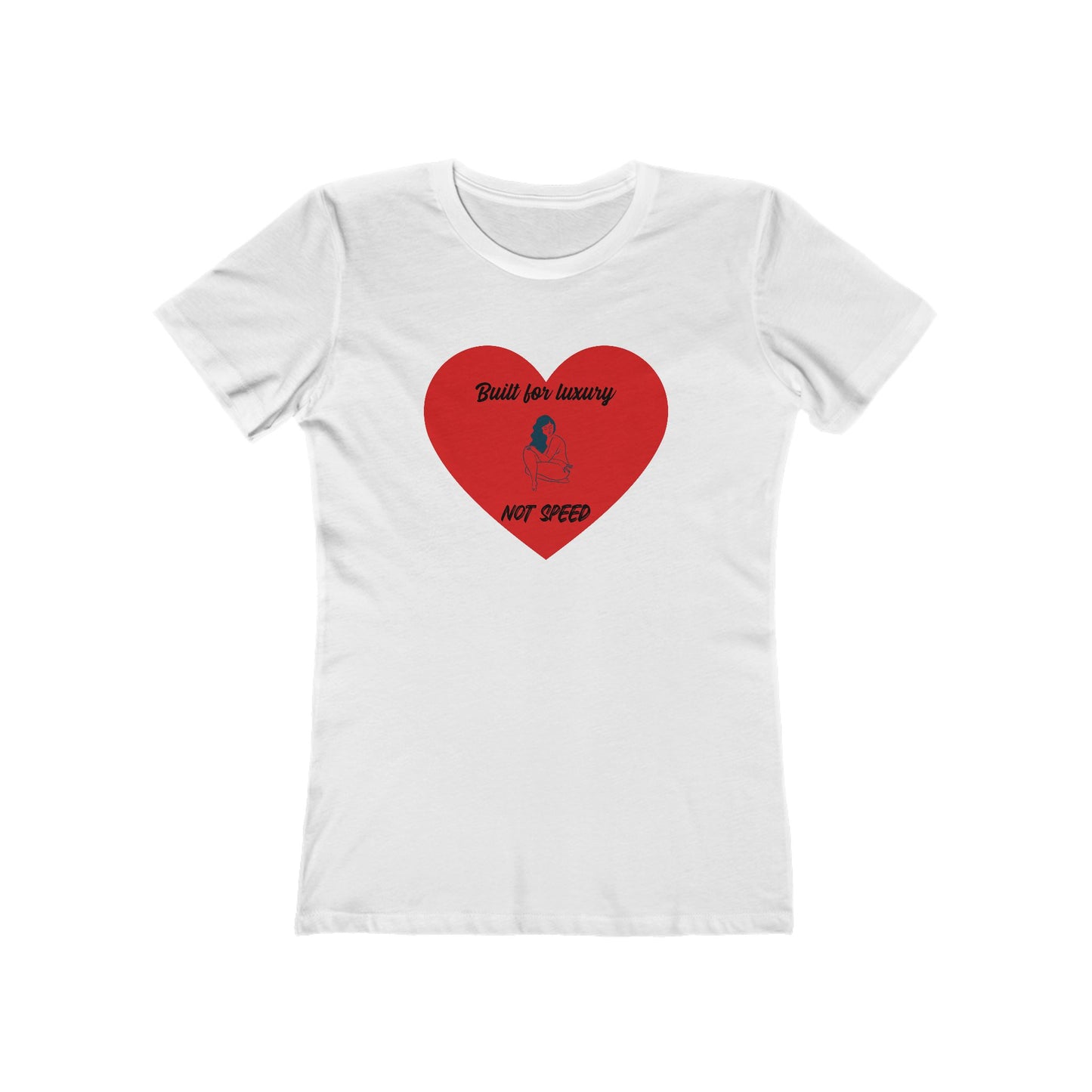 White t-shirt with a red heart graphic and text on a white background