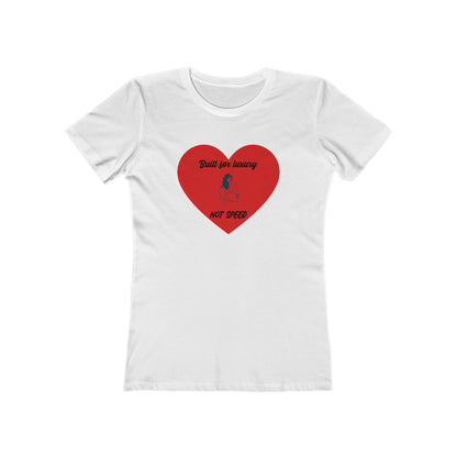 White t-shirt with a red heart graphic and text on a white background