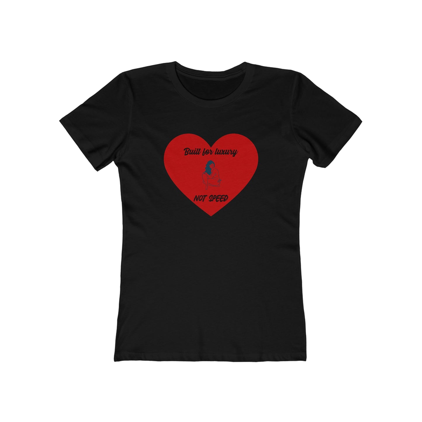 Black t-shirt with a red heart graphic and text on a white background