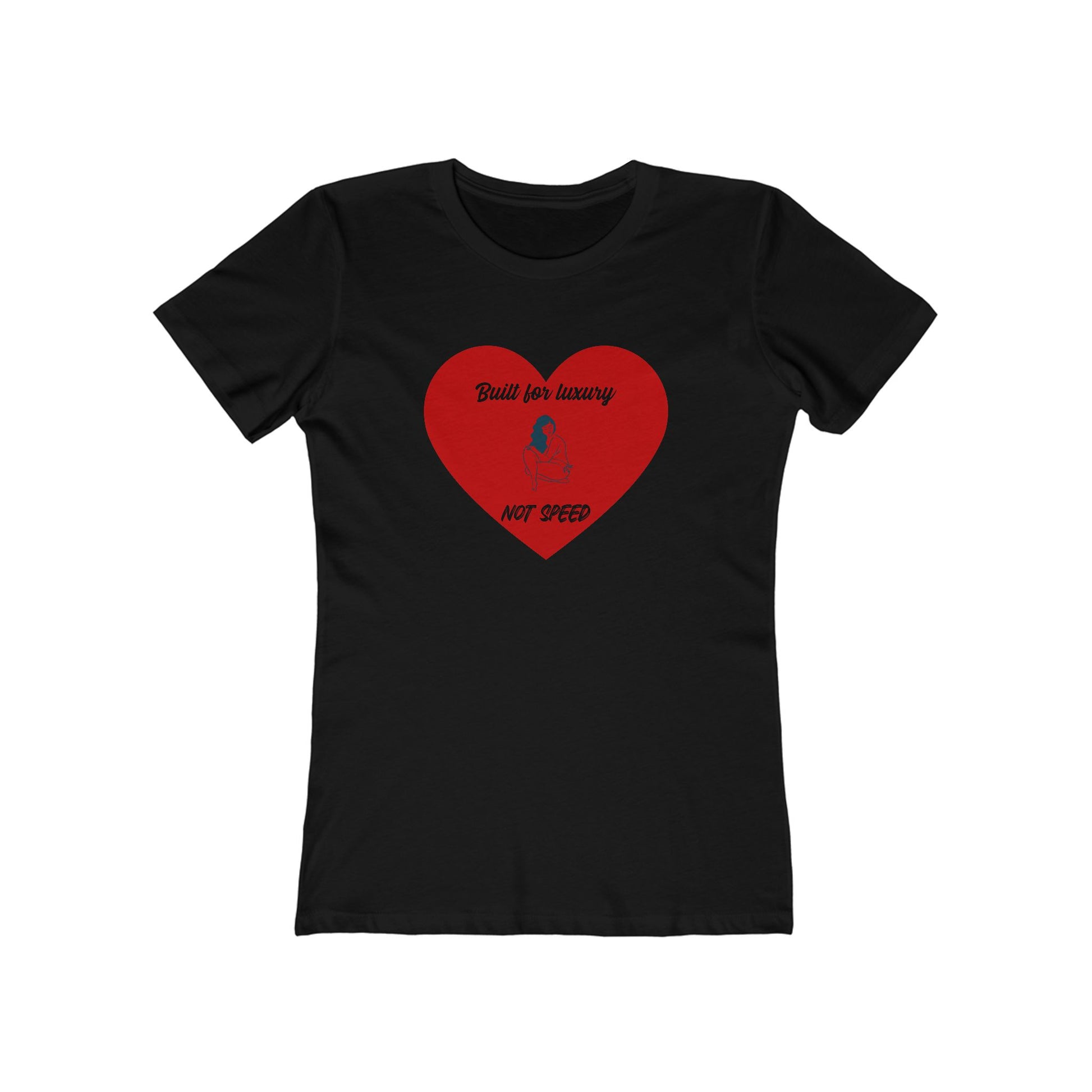 Black t-shirt with a red heart graphic and text on a white background
