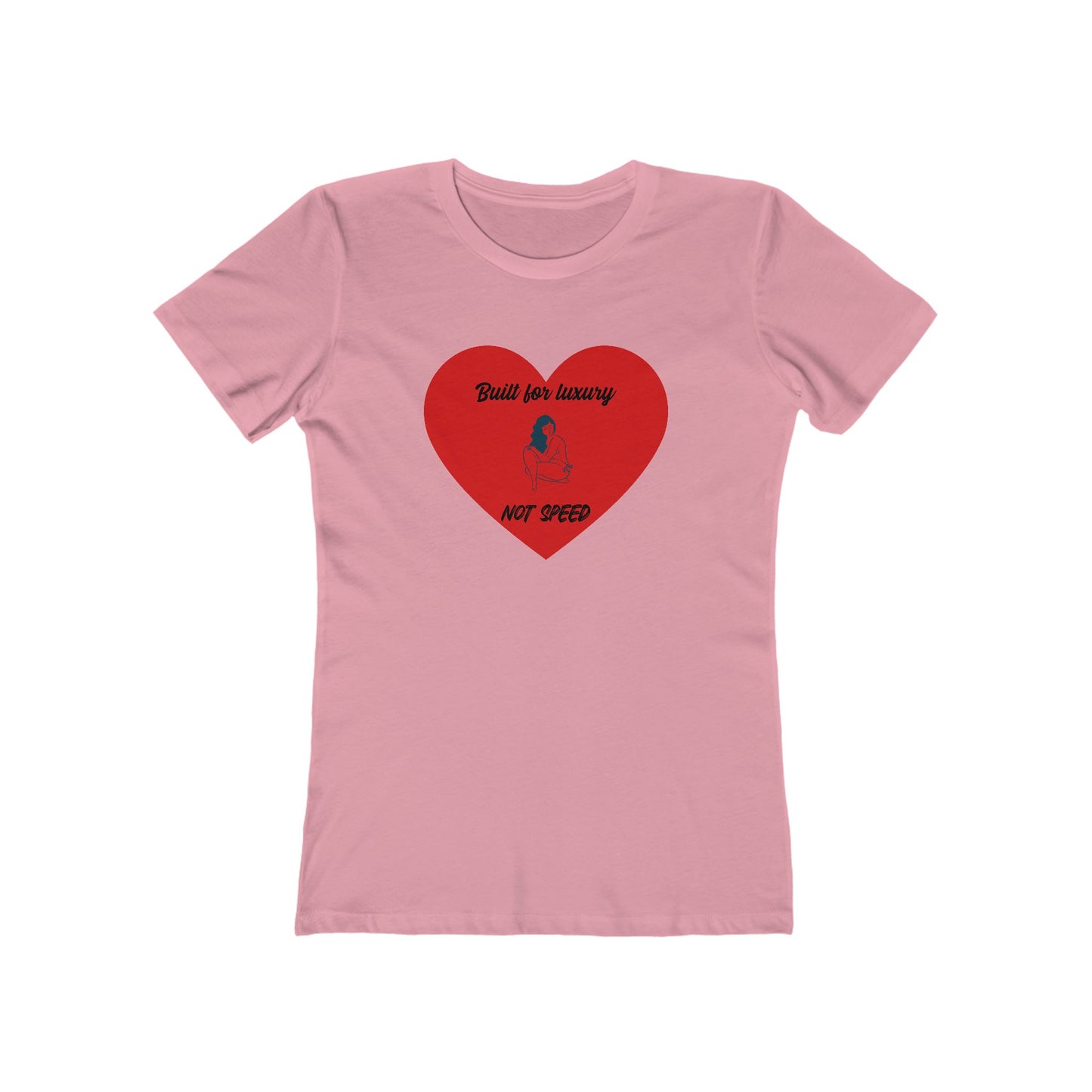 Pink t-shirt with a red heart graphic and text on a white background