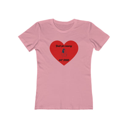 Pink t-shirt with a red heart graphic and text on a white background