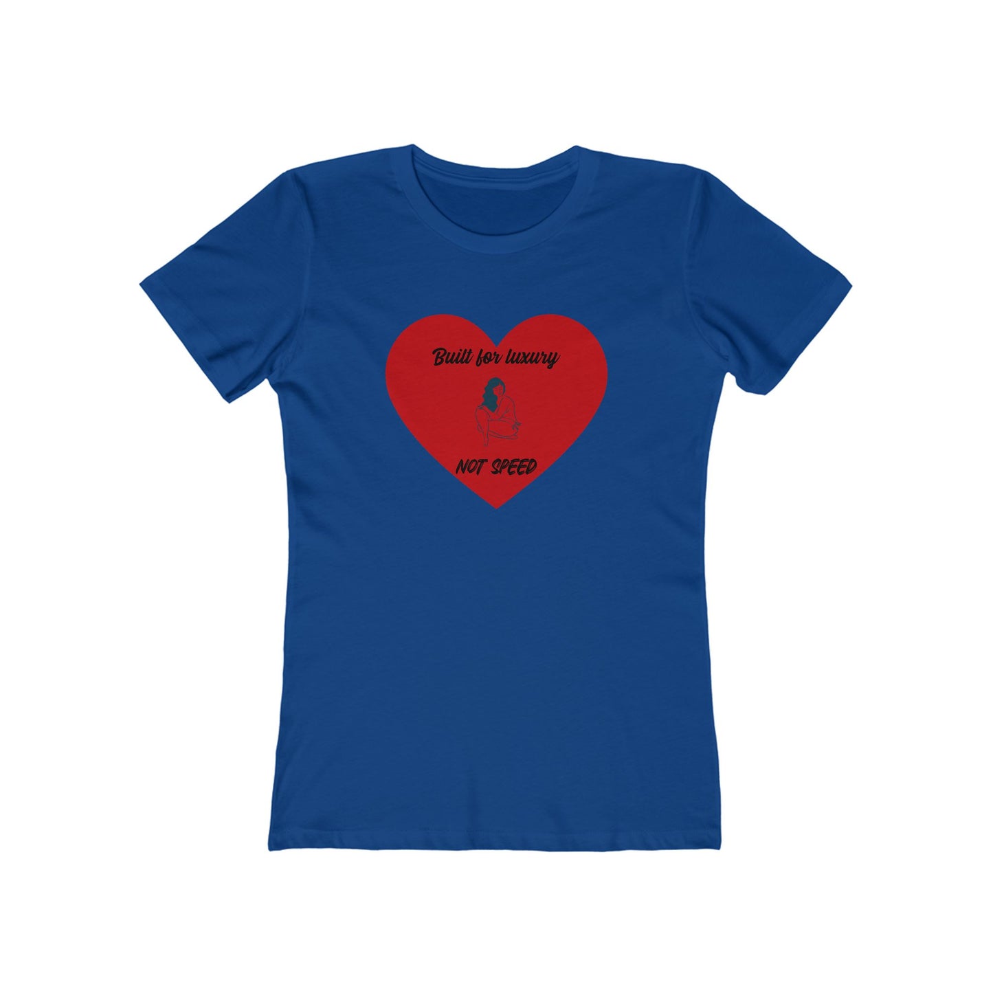 Blue t-shirt with a red heart graphic and text on a white background
