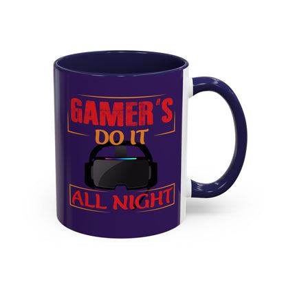 Purple mug with red text 'GAMER'S DO IT ALL NIGHT' and a VR headset graphic on a white background