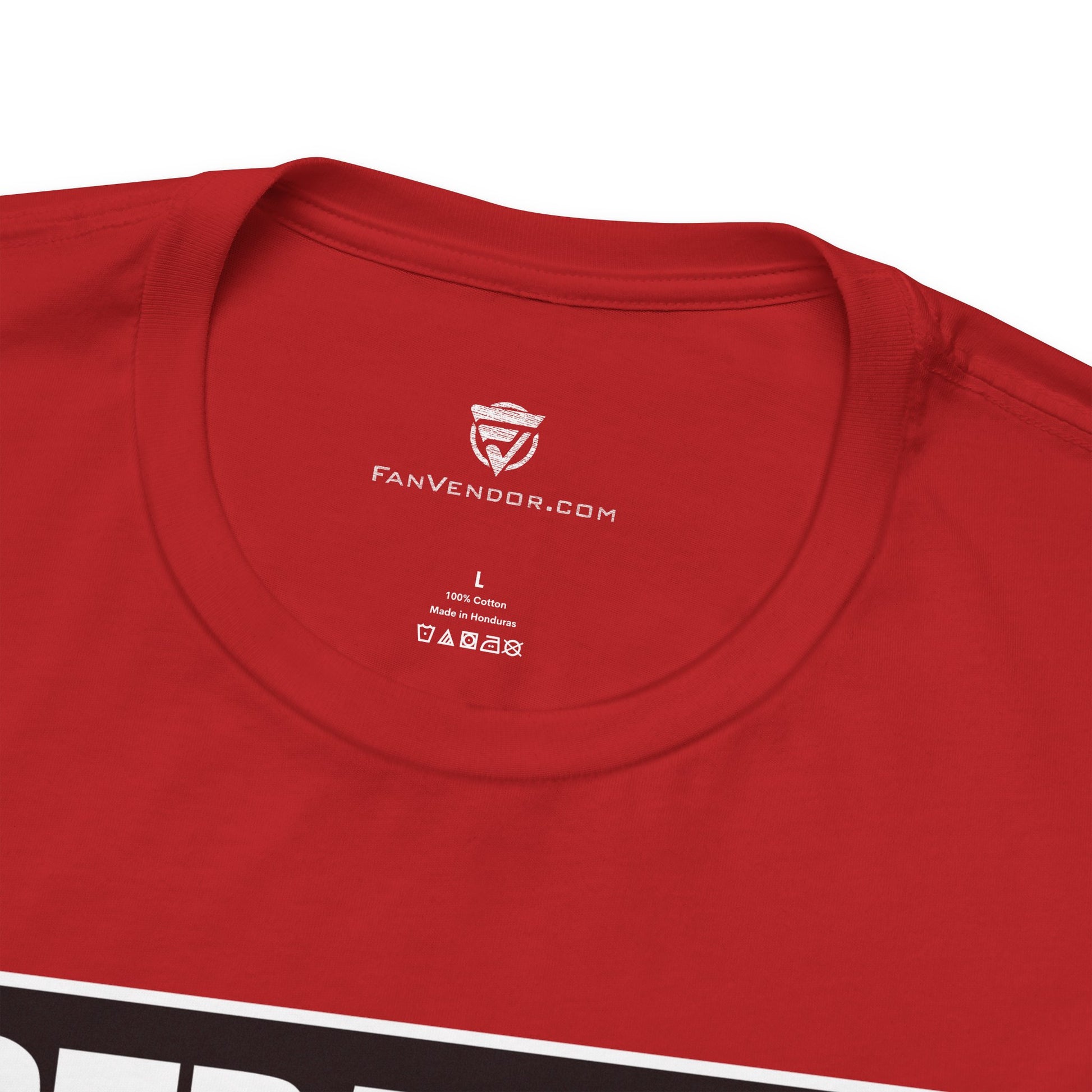 Red t-shirt with 'FanVendor.com' logo and text on a white background