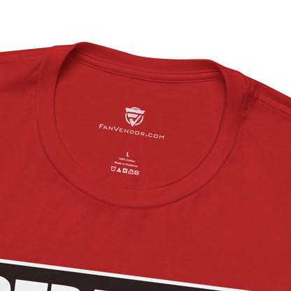 Red t-shirt with 'FanVendor.com' logo and text on a white background