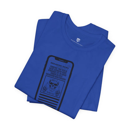 Blue t-shirt with a graphic design on a white background