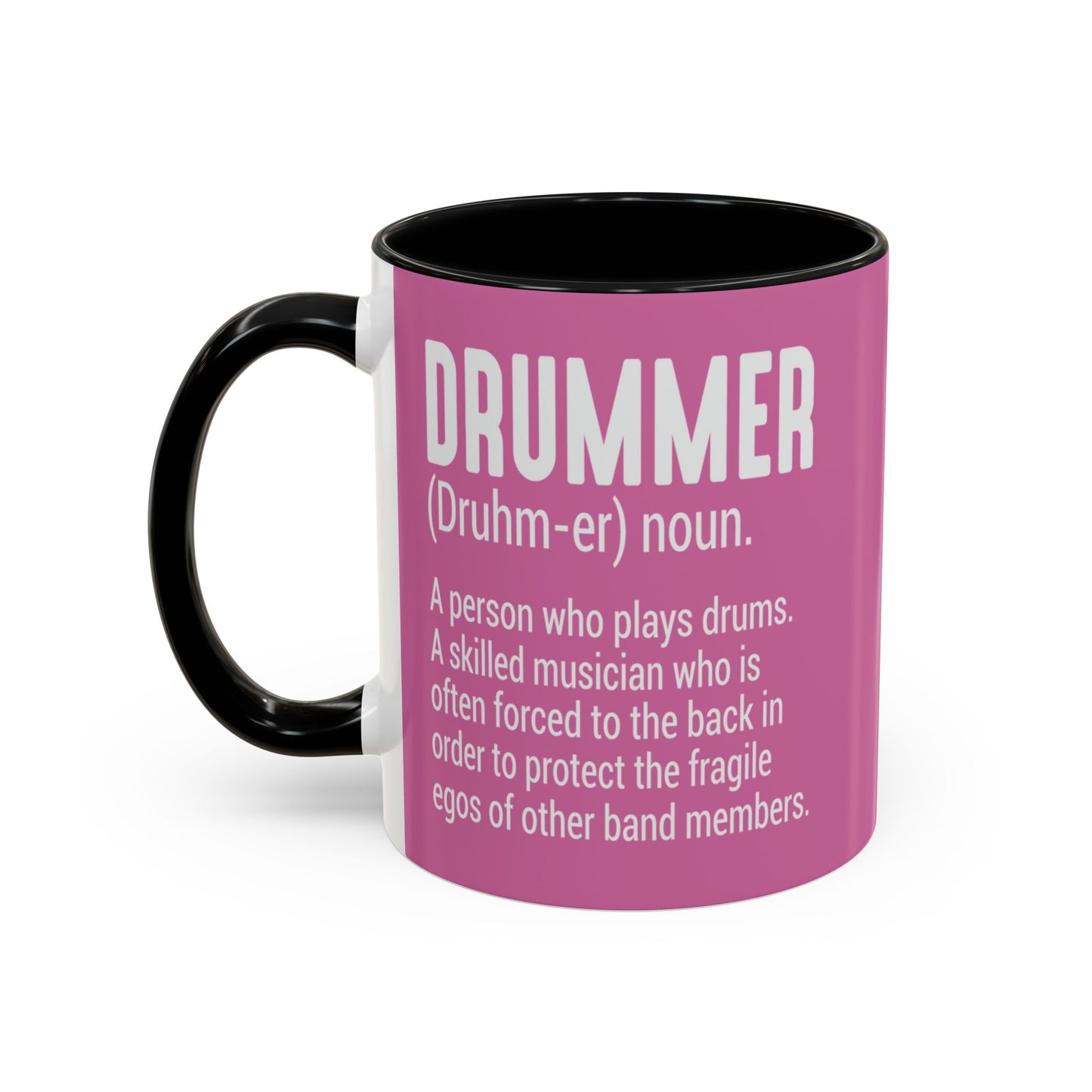Pink mug with black handle featuring definition of a drummer on a white background