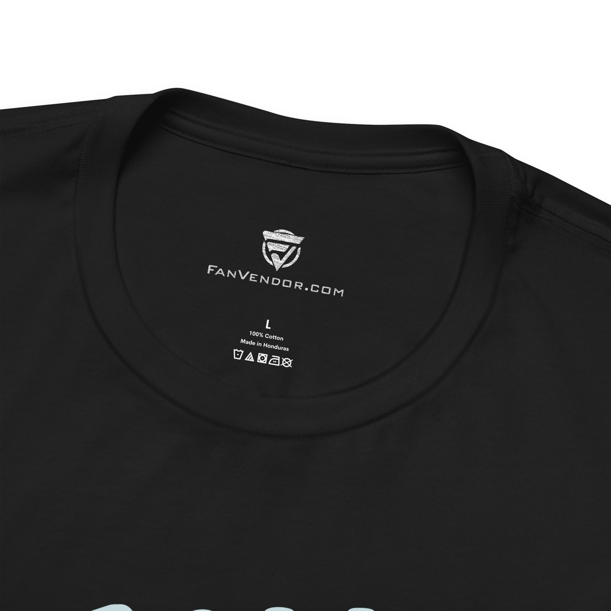 Black t-shirt with 'FanVendor.com' logo and text on a white background