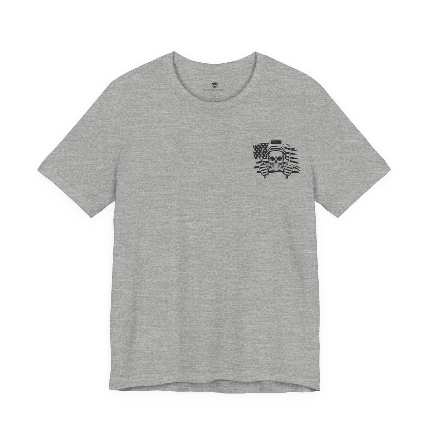 Gray t-shirt with a black graphic on the chest against a white background