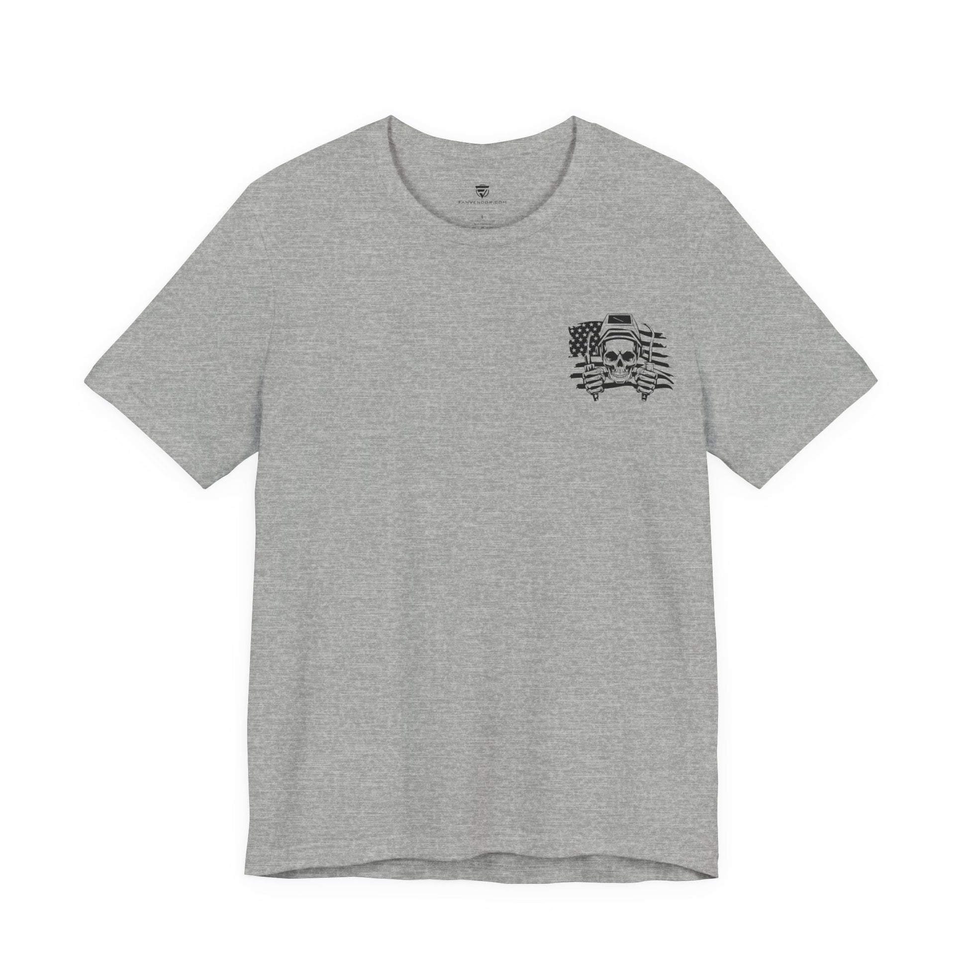 Gray t-shirt with a black graphic on the chest against a white background
