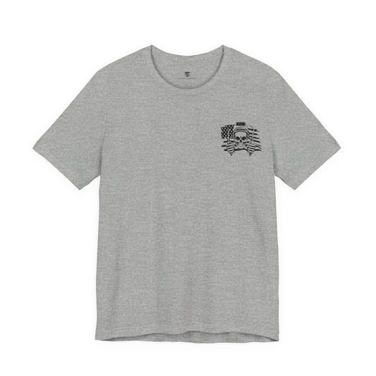 Gray t-shirt with a black graphic on the chest against a white background