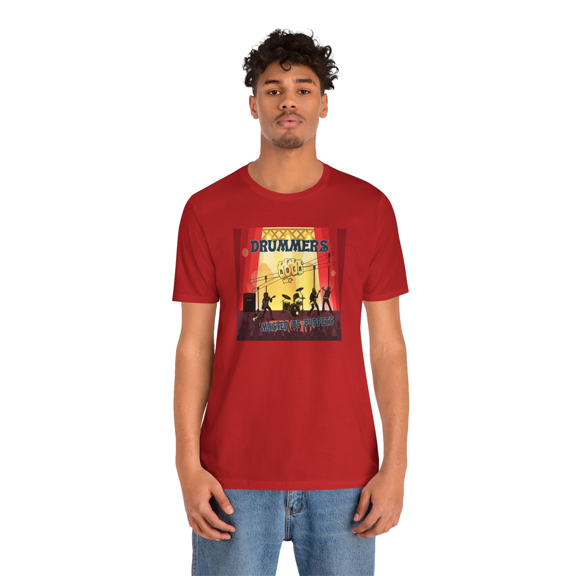 Person wearing a red t-shirt with a graphic design on a white background