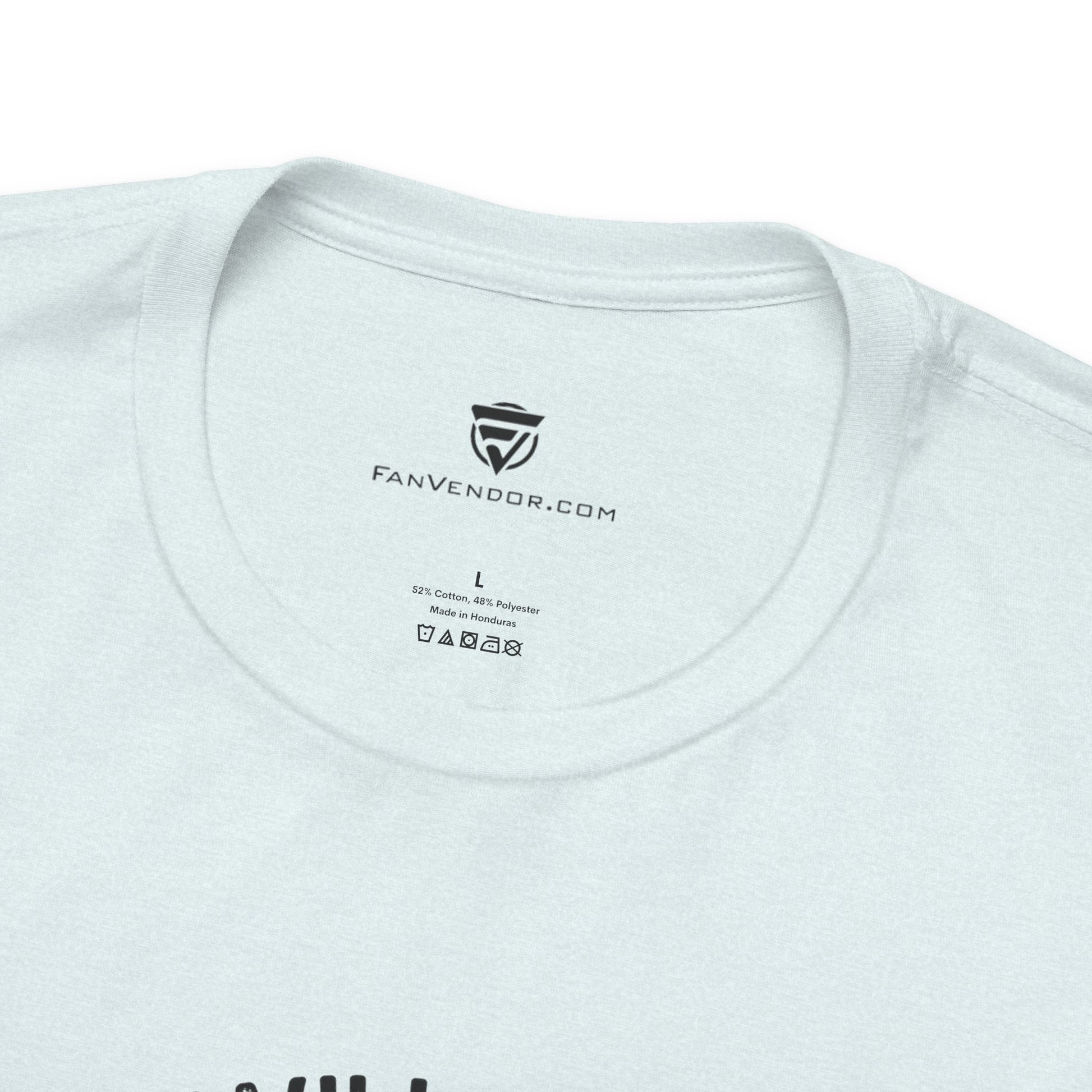 Close-up of a white t-shirt with 'Fanvendor.com' branding on the collar.