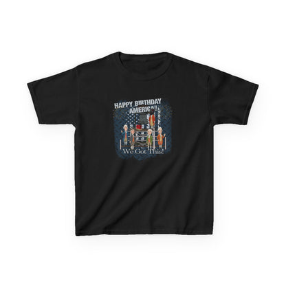 Black t-shirt with graphic design and text on a white background