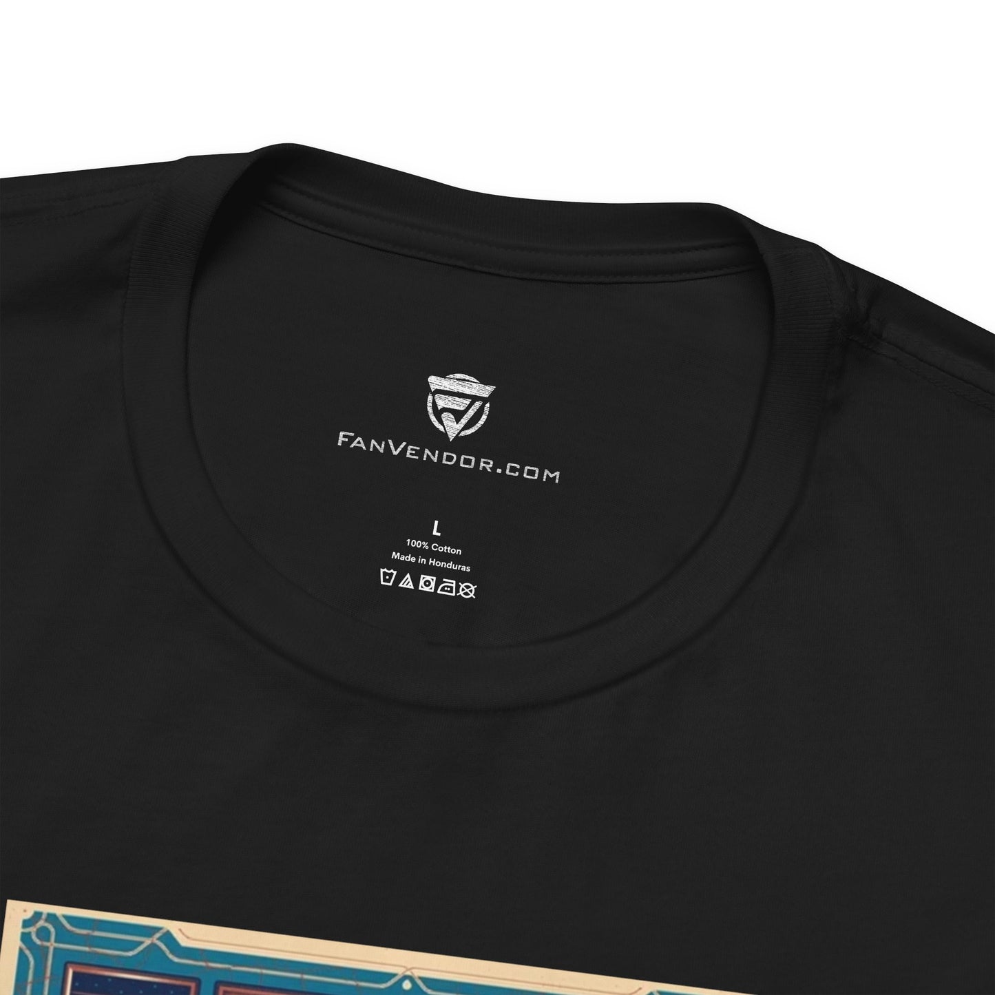 Black t-shirt with 'Fanvendor.com' logo and text on the collar