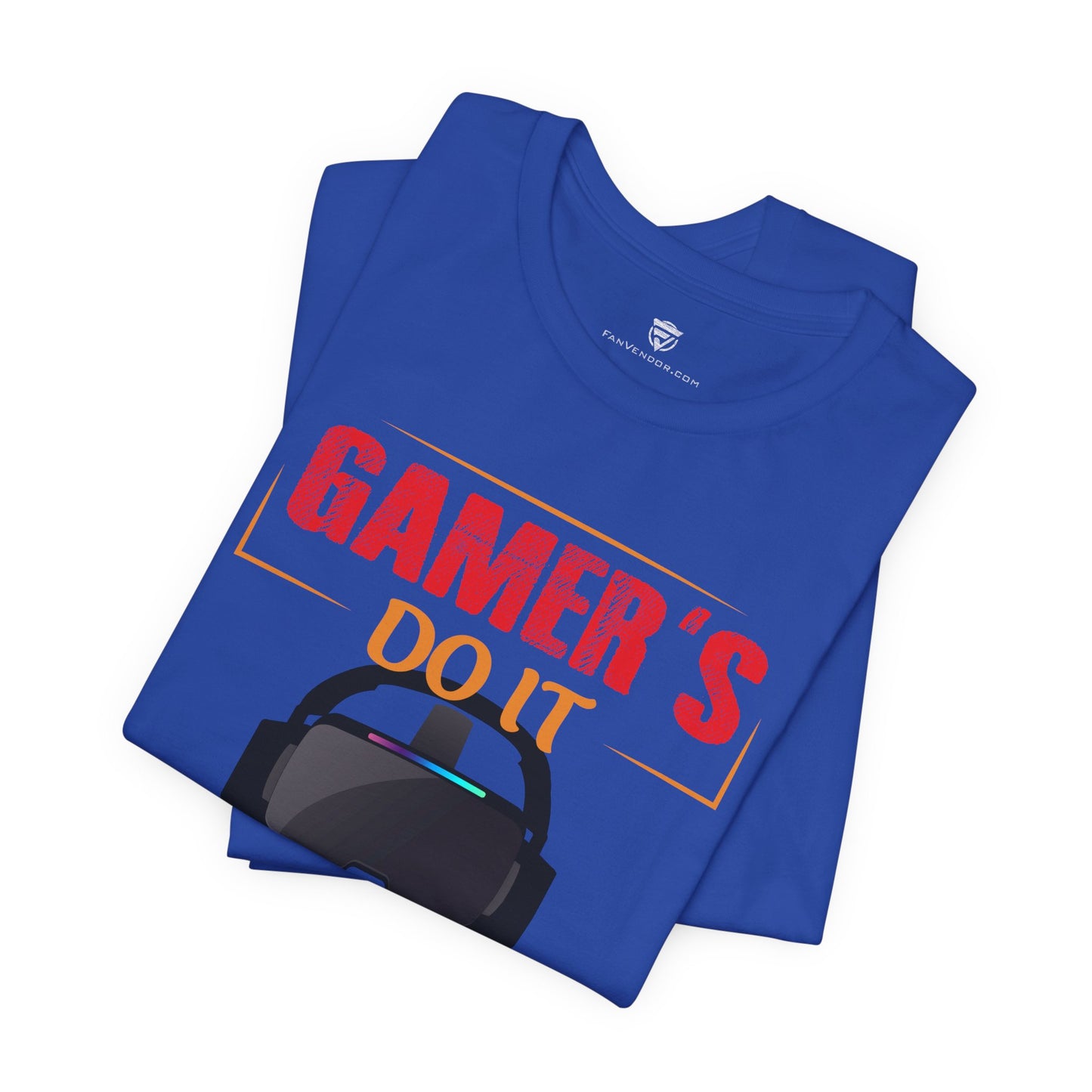 Blue t-shirt with 'GAMER'S DO IT' text and headset graphic on a white background