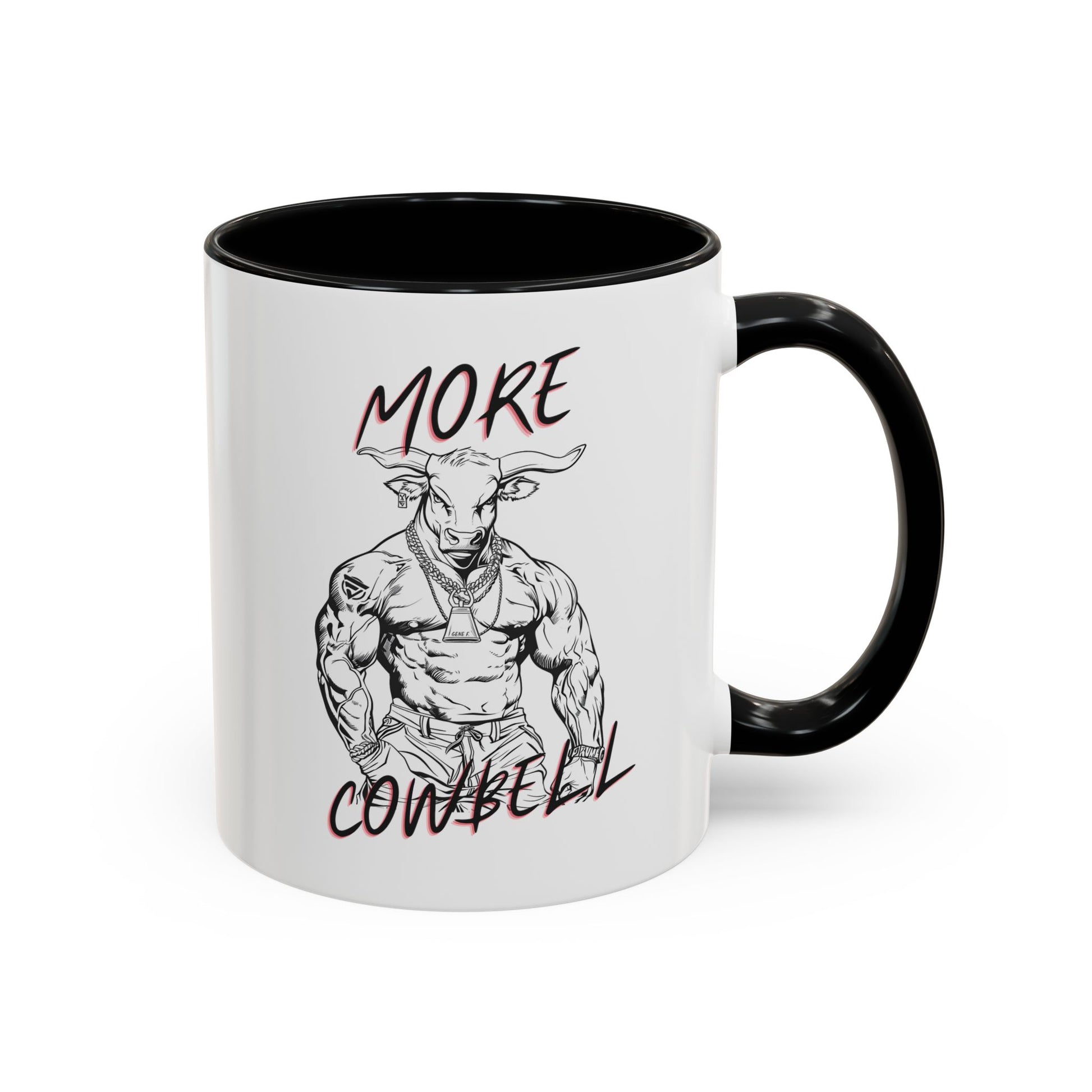 White mug with black interior and handle, featuring a humorous text message.