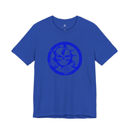 Blue t-shirt with a circular emblem on a white background