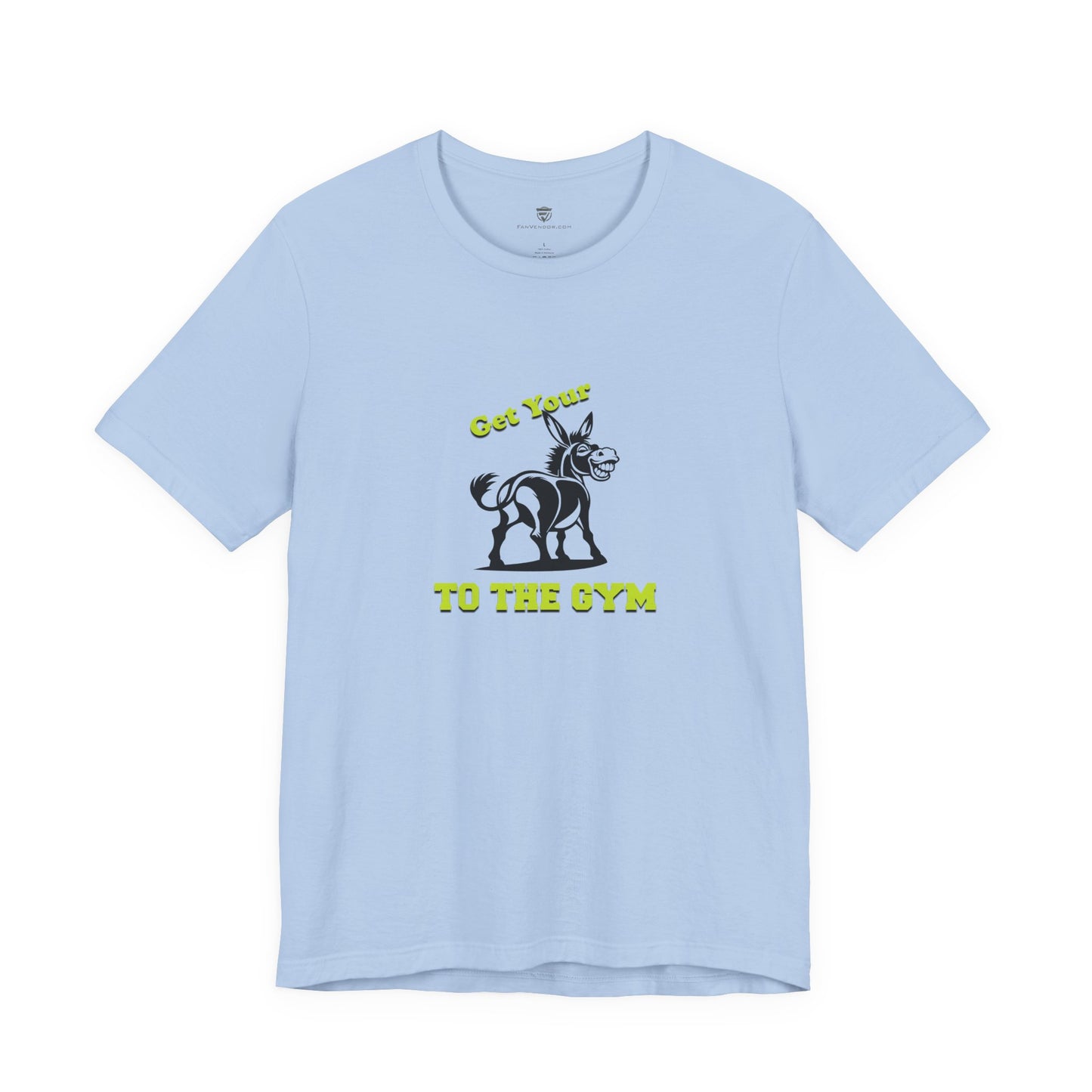 Light blue t-shirt with a graphic of a donkey and text on a white background
