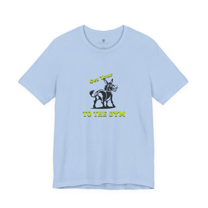 Light blue t-shirt with a graphic of a donkey and text on a white background