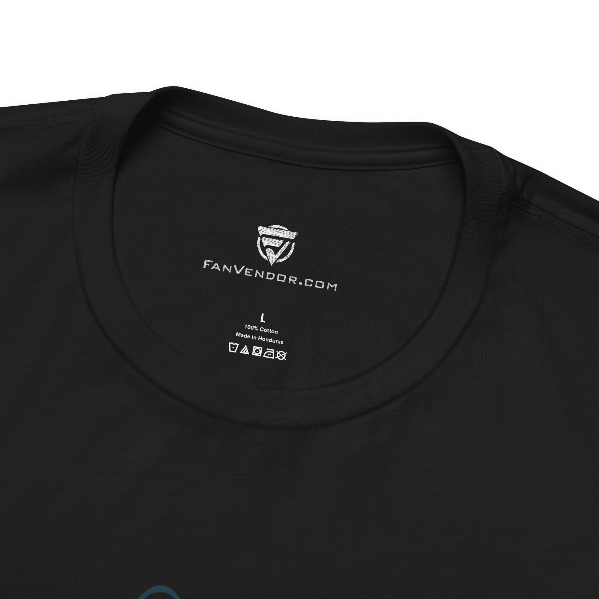 Black t-shirt with 'FanVendor.com' logo and text on a white background