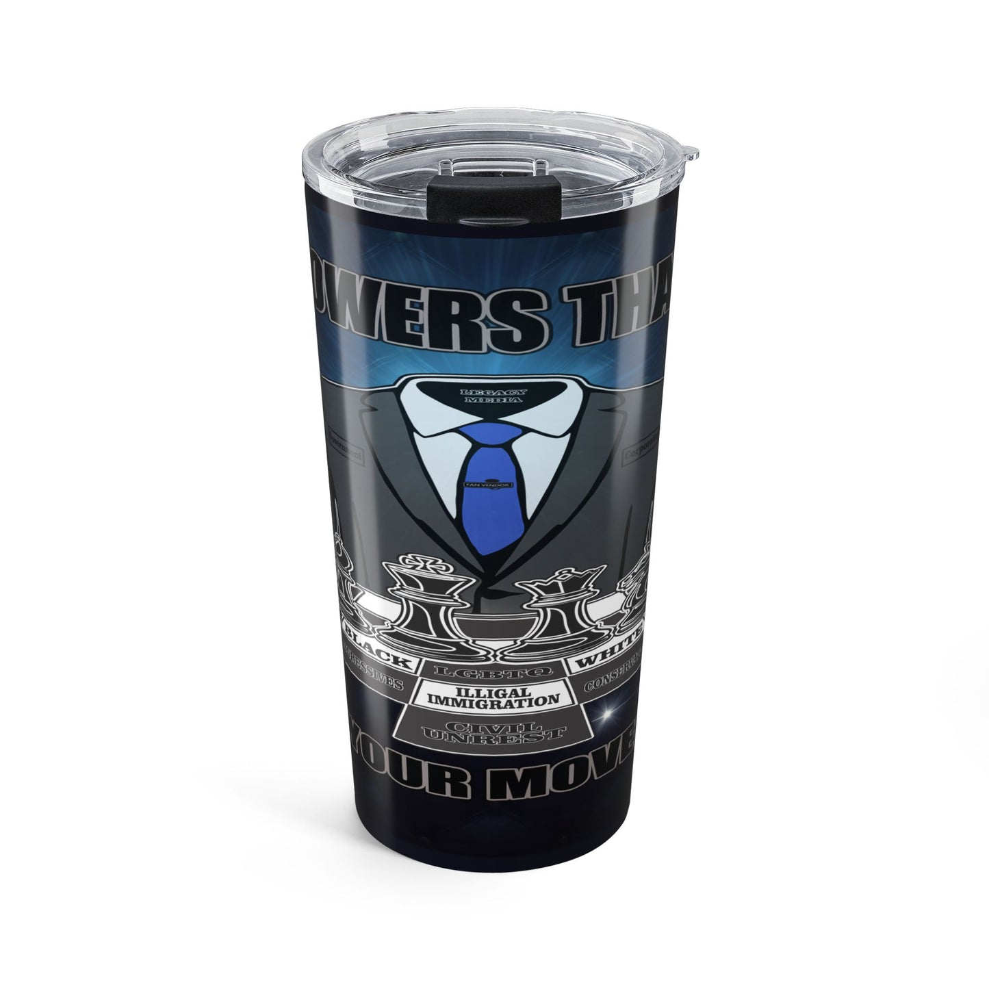 A tall insulated tumbler with a clear lid, featuring a dark graphic design with a suit and blue tie illustration and the text.
