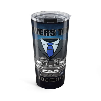 A tall insulated tumbler with a clear lid, featuring a dark graphic design with a suit and blue tie illustration and the text.