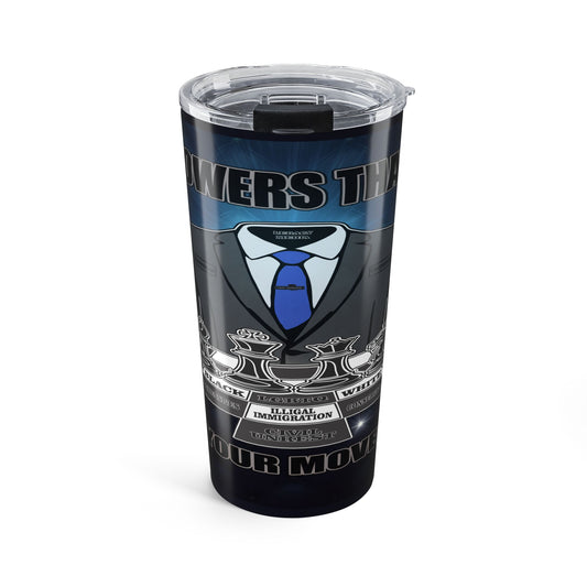 A tall insulated tumbler with a clear lid, featuring a dark graphic design with a suit and blue tie illustration and the text.