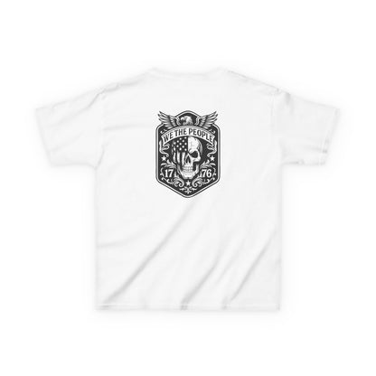 White tee with a black graphic design on a white background