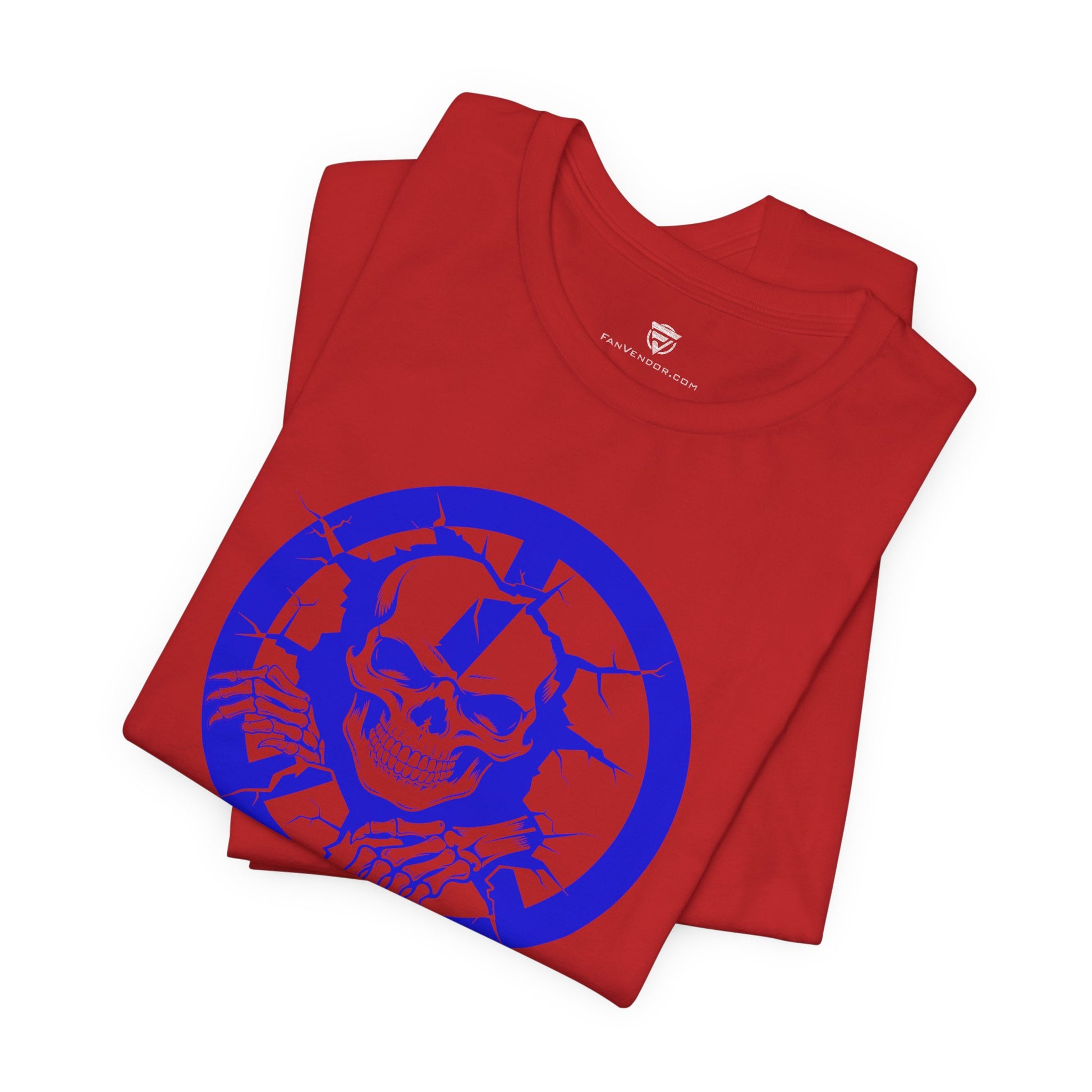 Red t-shirt with blue graphic design on a white background