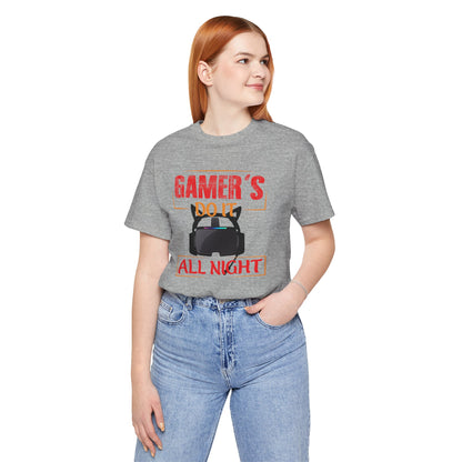 Person wearing a gray t-shirt with 'Gamer's Do It All Night' text and graphics on a white background
