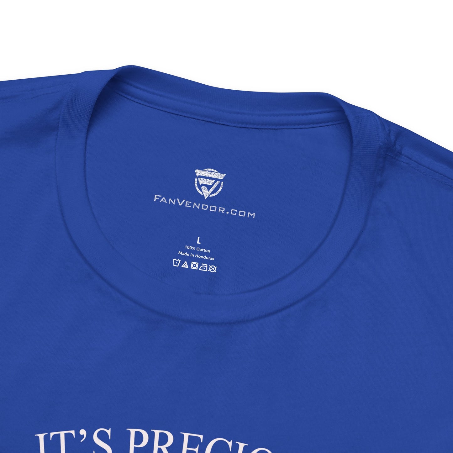 Blue t-shirt with 'FanVendor.com' logo on the collar against a white background