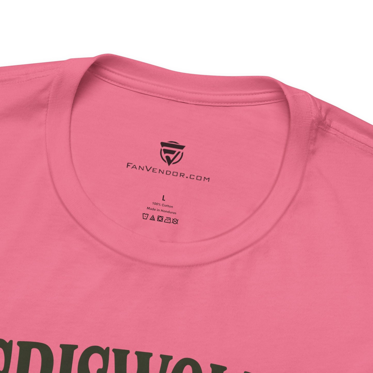 Close-up of a pink t-shirt with 'FanVendor.com' logo and text.