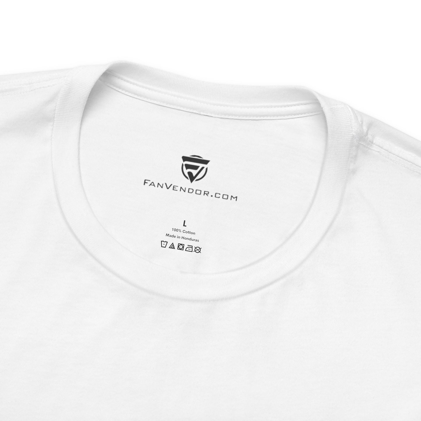 White t-shirt with 'Fanvendor.com' logo and text on a white background