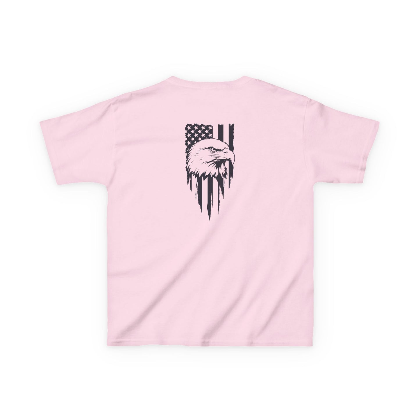 Pink t-shirt with black eagle and flag design on a white background