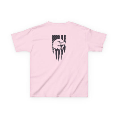 Pink t-shirt with black eagle and flag design on a white background