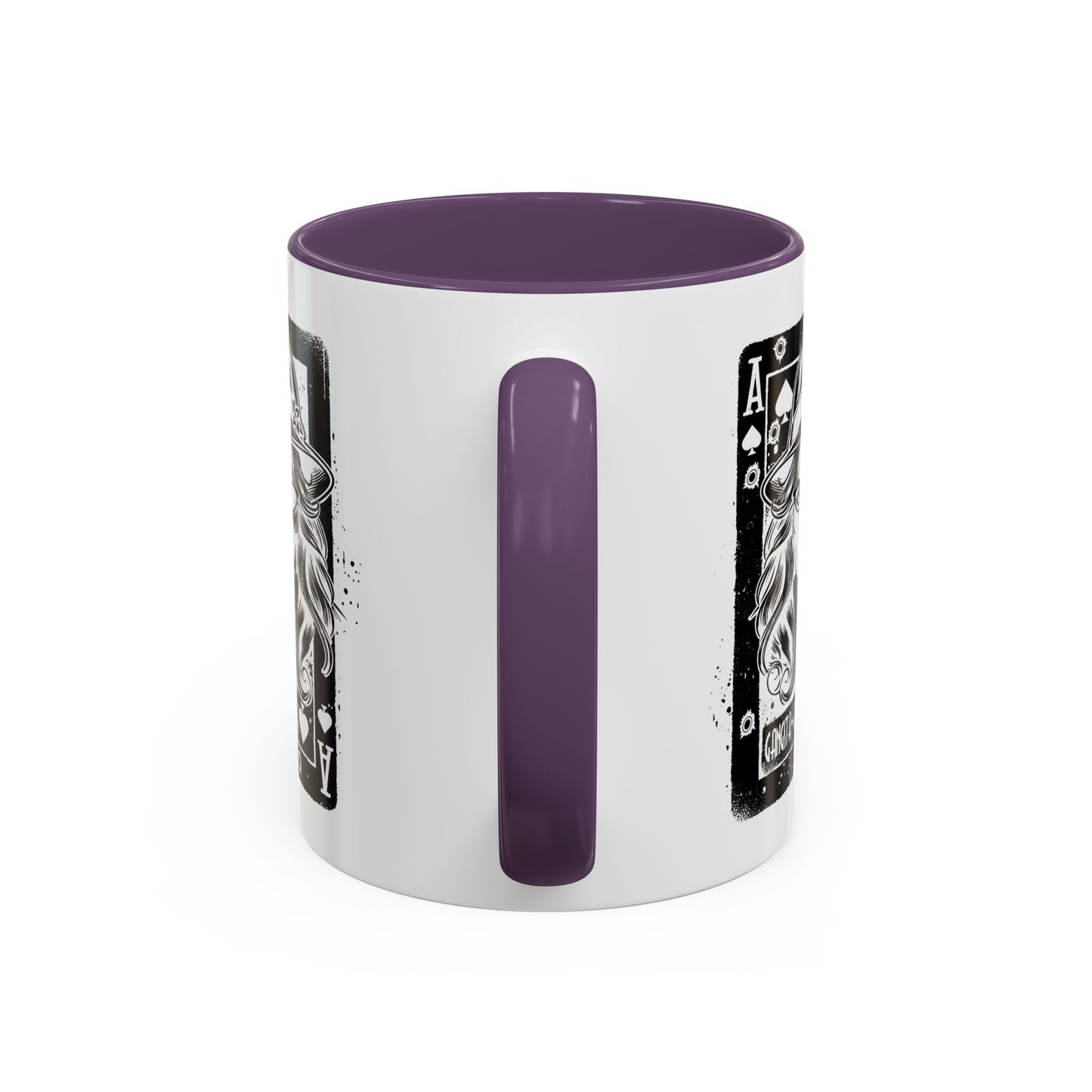 White mug with purple interior and handle, featuring playing card designs on a white background