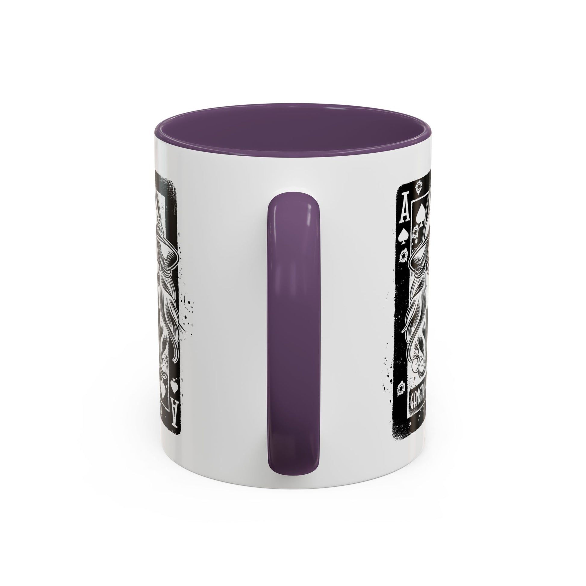 White mug with purple interior and handle, featuring playing card designs on a white background