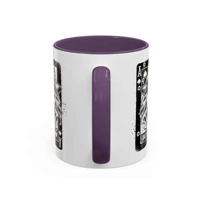 White mug with purple interior and handle, featuring playing card designs on a white background
