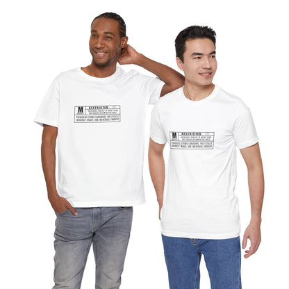 Two men wearing white t-shirts with a graphic and text on a white background