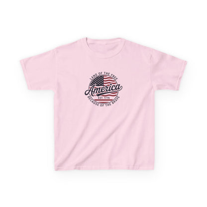 Pink t-shirt with American flag and text design on a white background