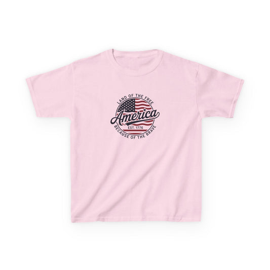 Pink t-shirt with American flag and text design on a white background